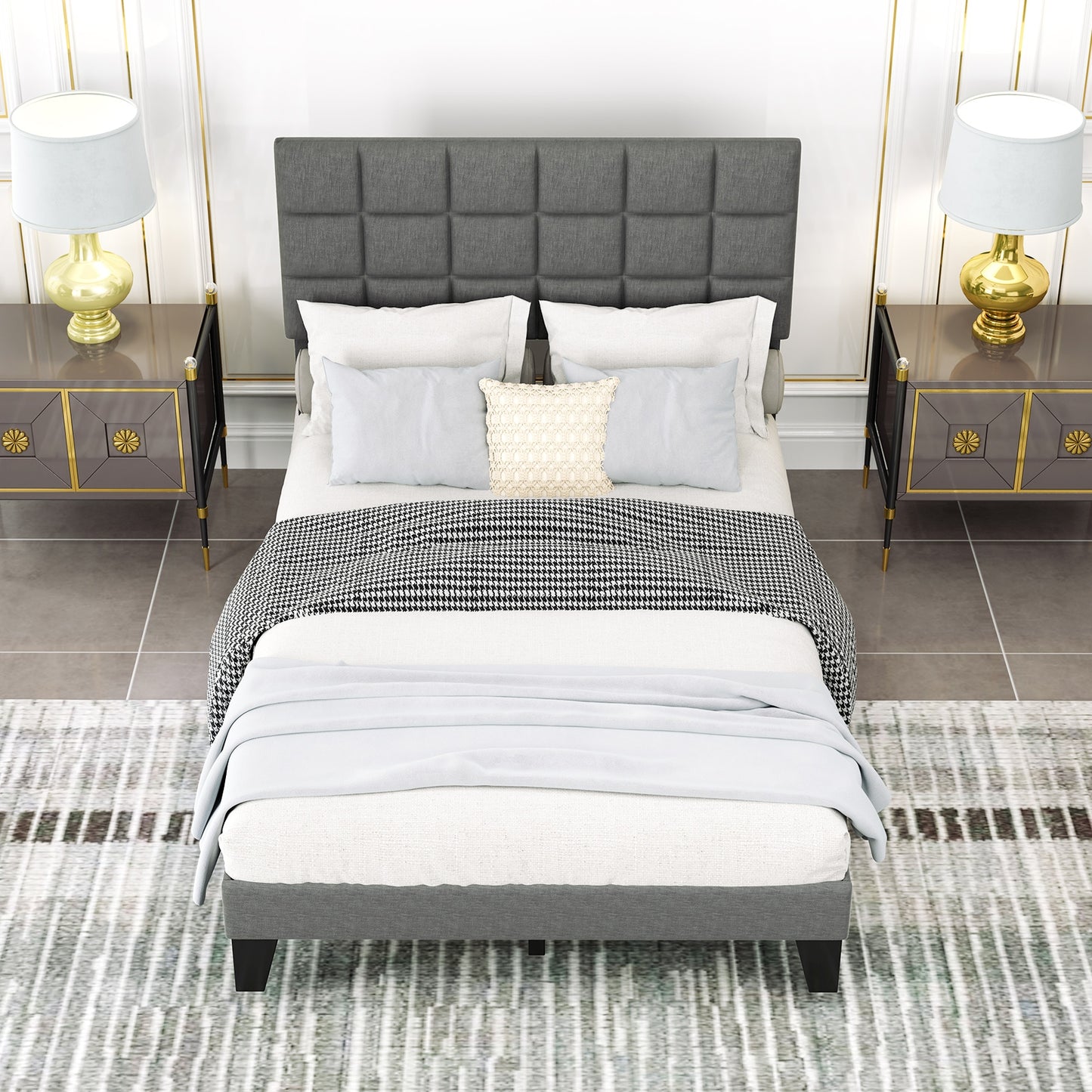 Full Size Modern Linen Bed Frame with Adjustable Headboard, Gray Simple Bed Frame at Gallery Canada