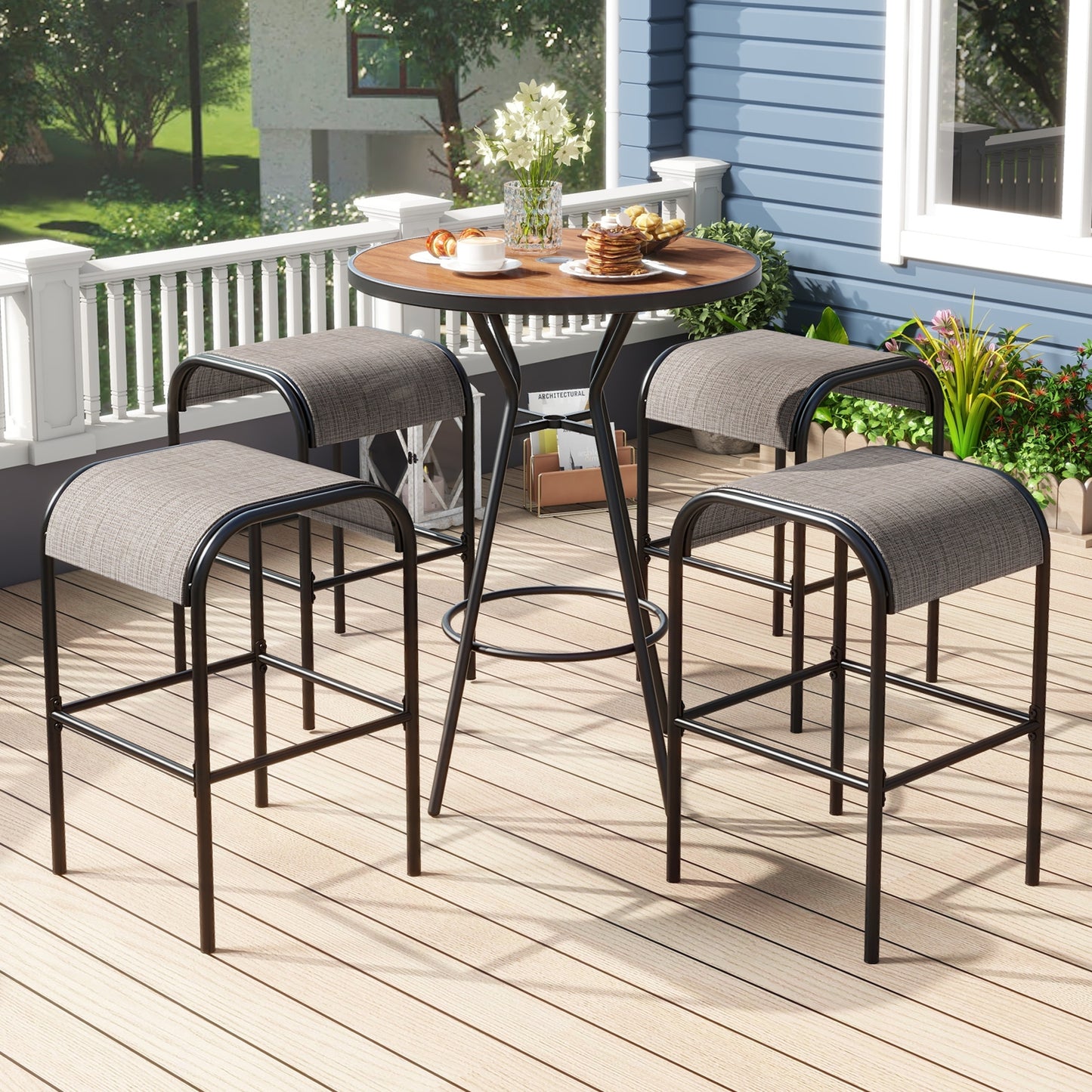 5 Pieces Outdoor Round Bar Table Set with 1.6 Inches Umbrella Hole Patio Bar Furniture at Gallery Canada