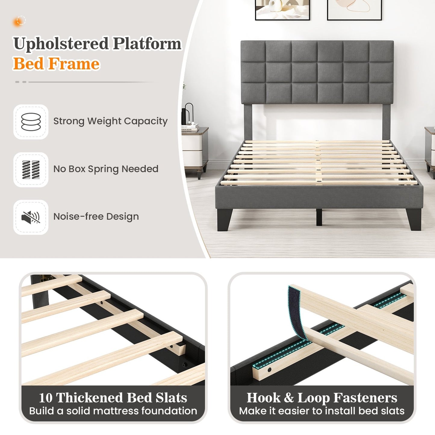 Full Size Modern Linen Bed Frame with Adjustable Headboard, Gray Simple Bed Frame at Gallery Canada