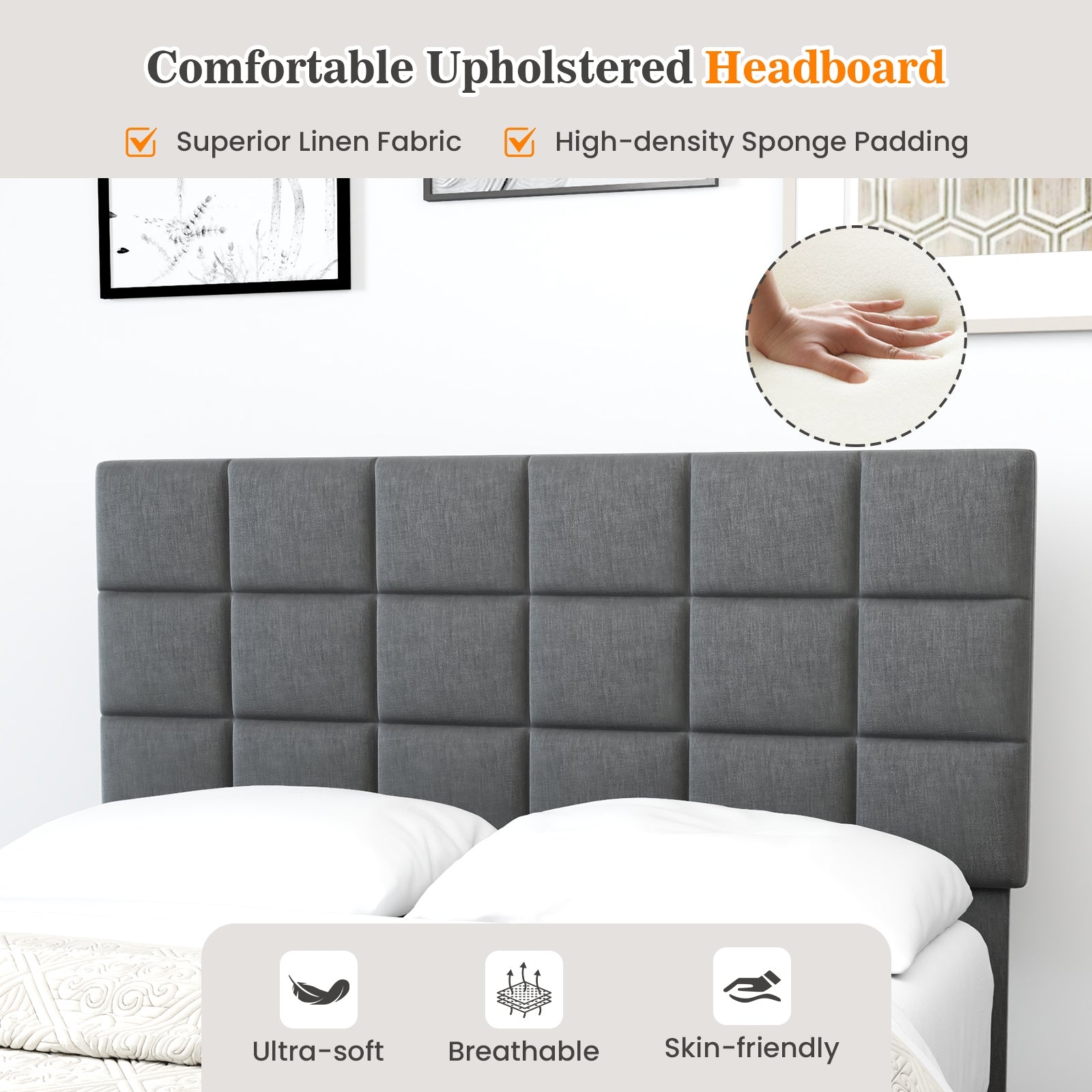 Full Size Modern Linen Bed Frame with Adjustable Headboard, Gray Simple Bed Frame at Gallery Canada