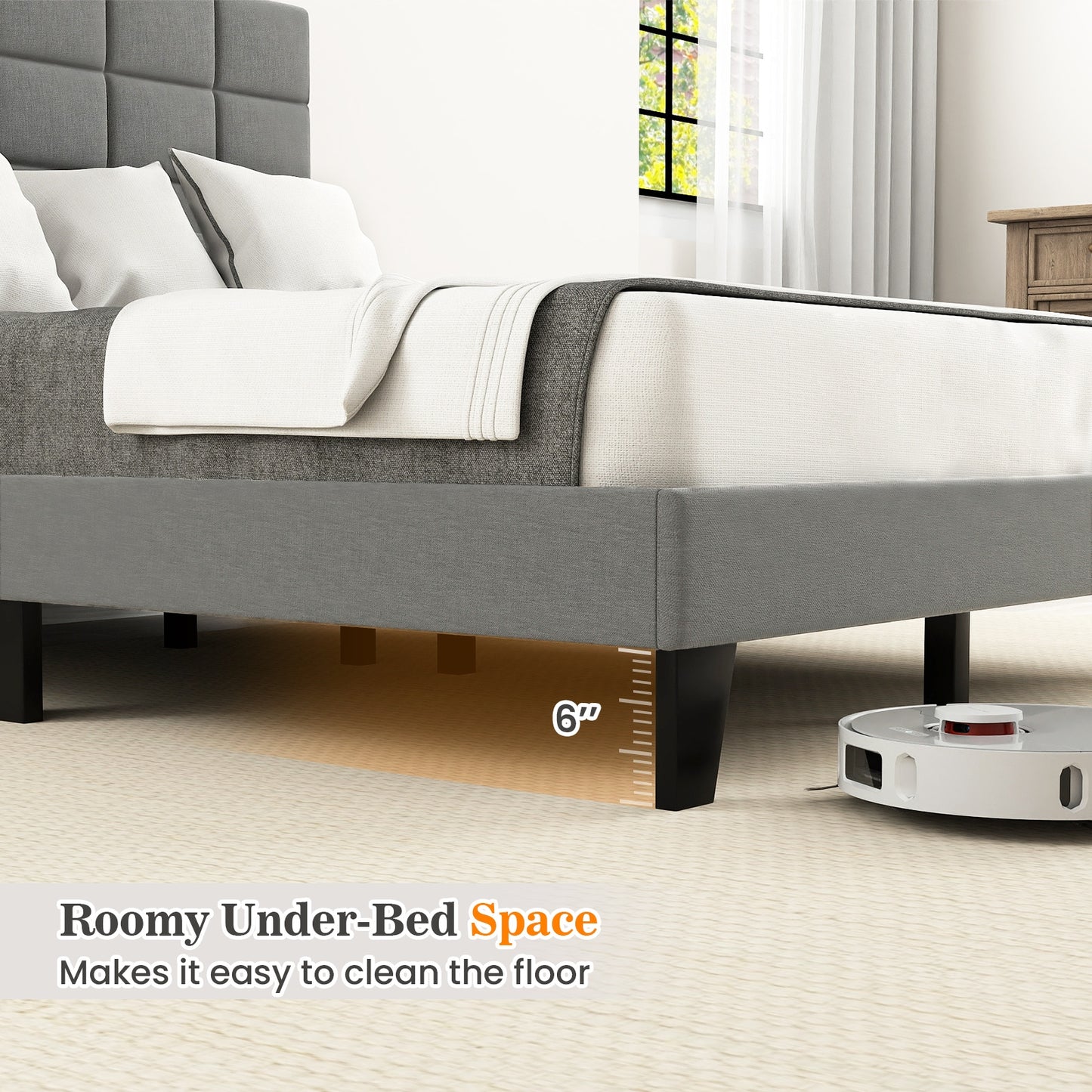 Full Size Modern Linen Bed Frame with Adjustable Headboard, Gray Simple Bed Frame at Gallery Canada