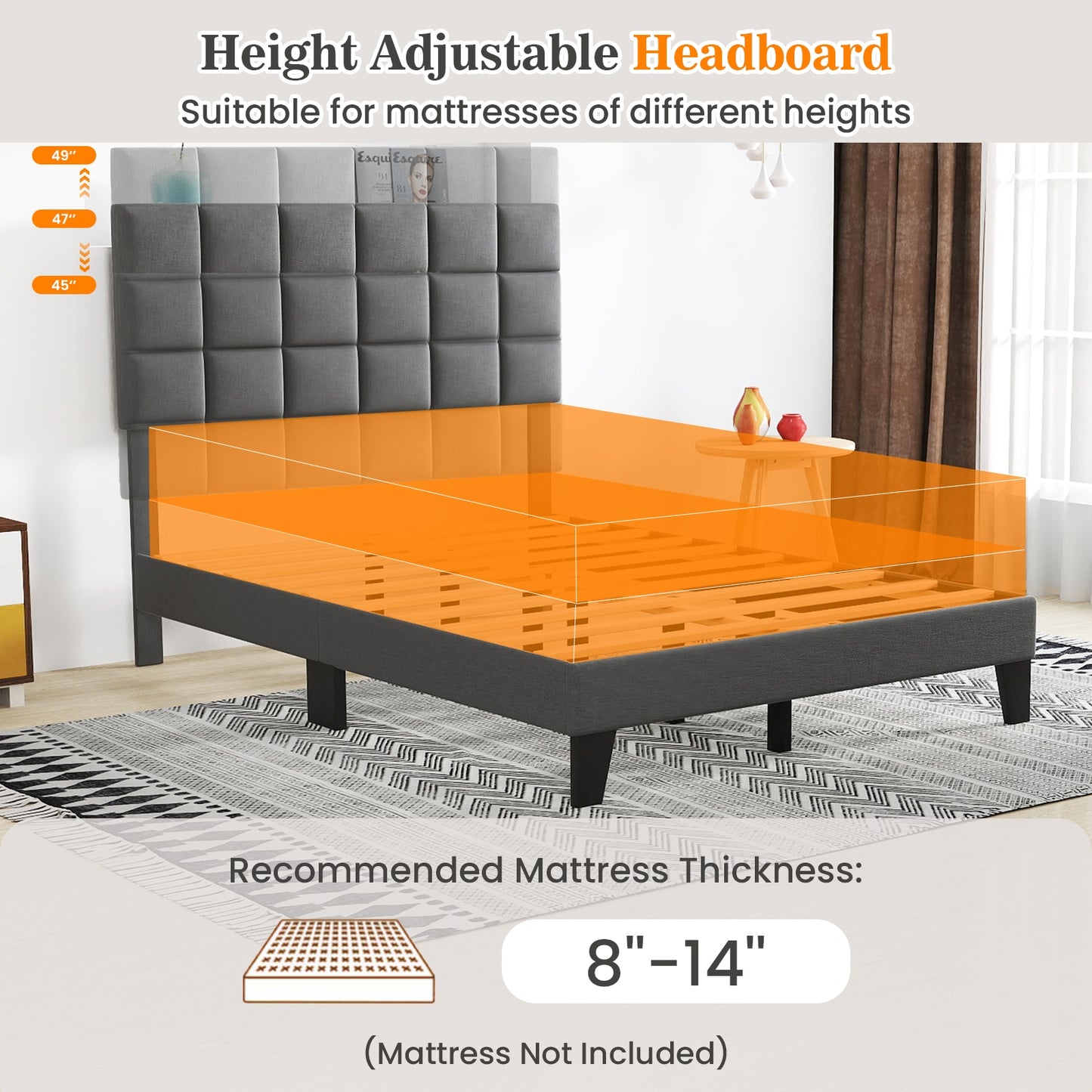 Full Size Modern Linen Bed Frame with Adjustable Headboard, Gray Simple Bed Frame at Gallery Canada