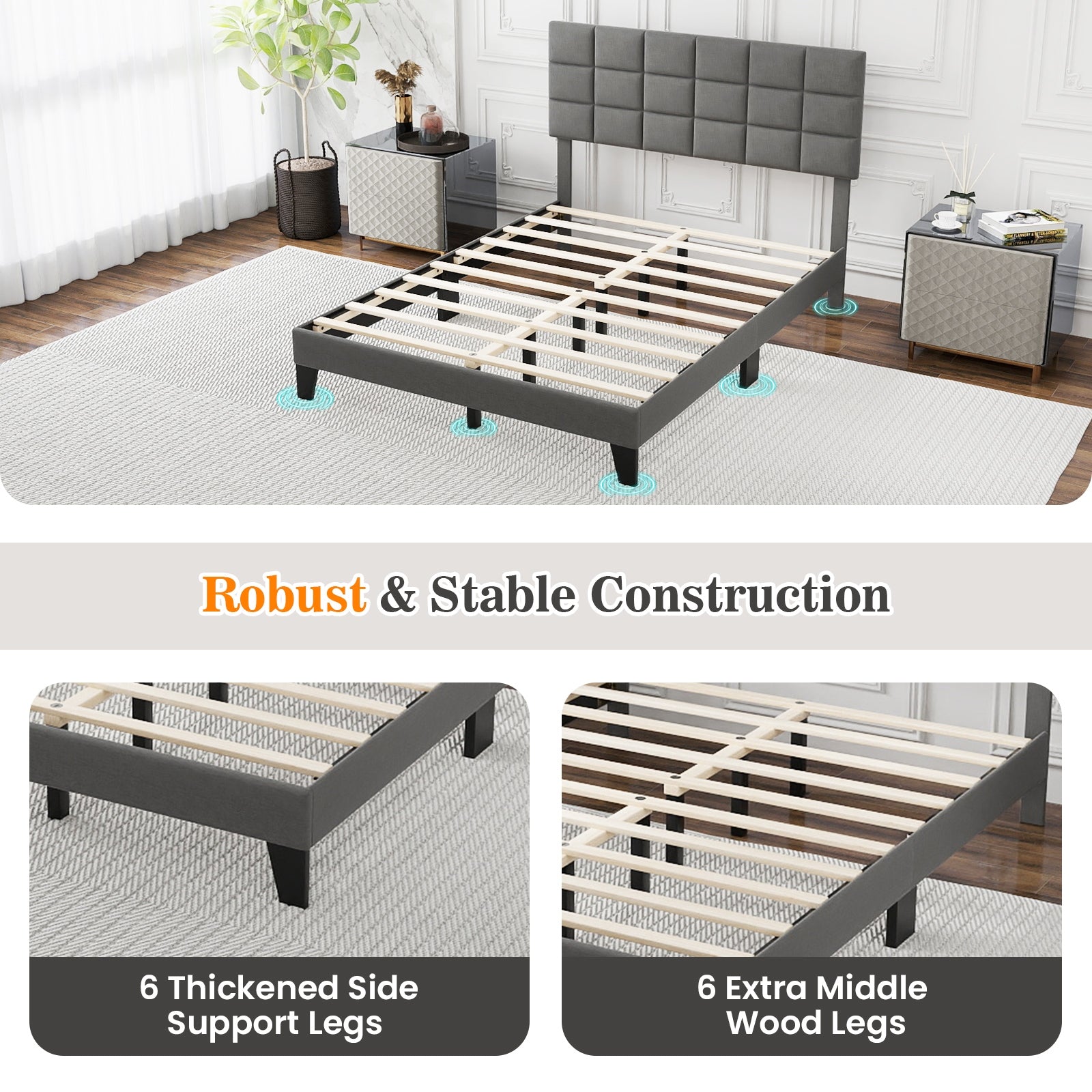 Full Size Modern Linen Bed Frame with Adjustable Headboard, Gray Simple Bed Frame at Gallery Canada