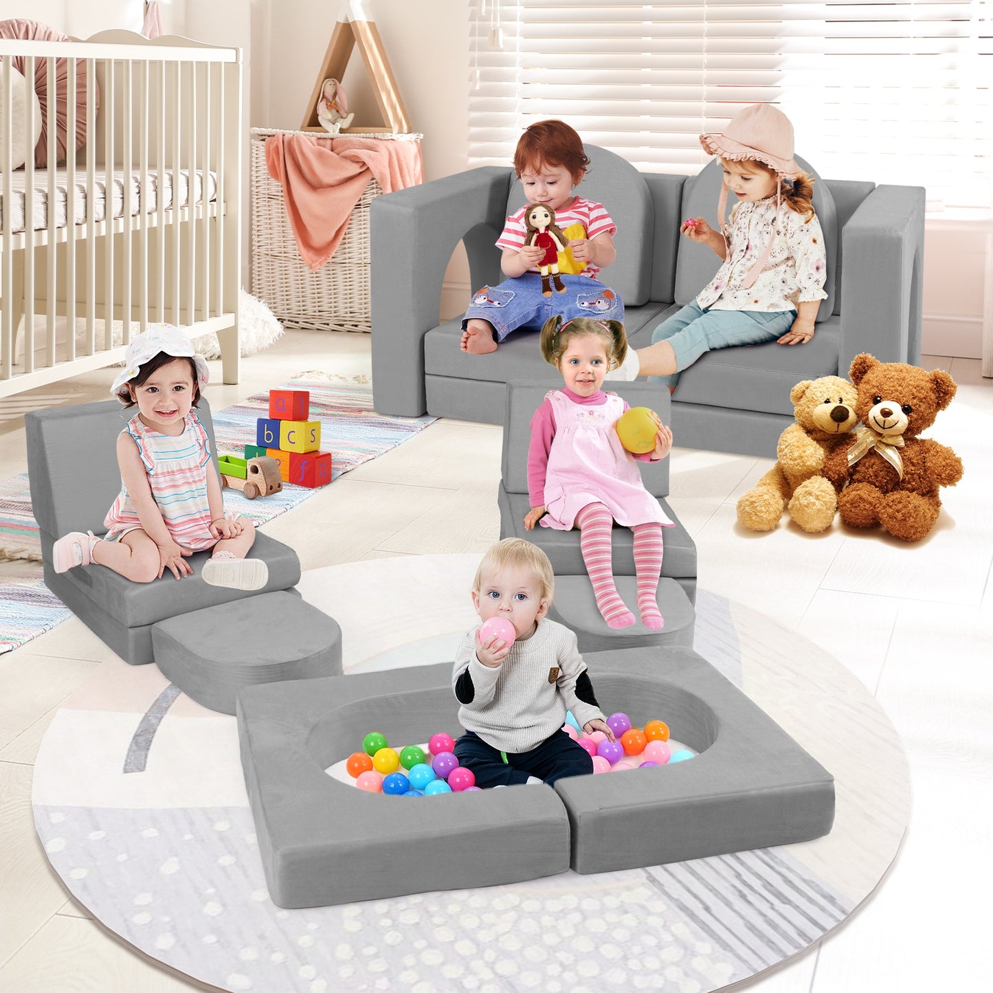 8-Piece Modular Kids Play Couch with Comfy Suede Fabric, Gray Kids Chairs & Seating at Gallery Canada