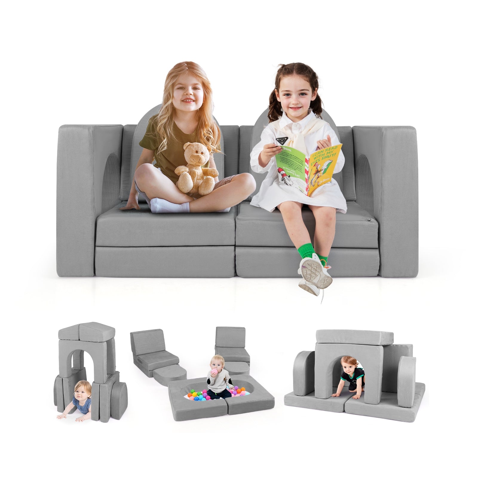 8-Piece Modular Kids Play Couch with Comfy Suede Fabric, Gray Kids Chairs & Seating at Gallery Canada