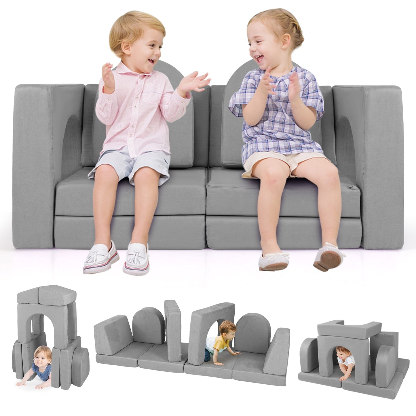 8-Piece Modular Kids Play Couch with Comfy Suede Fabric, Gray Kids Chairs & Seating at Gallery Canada
