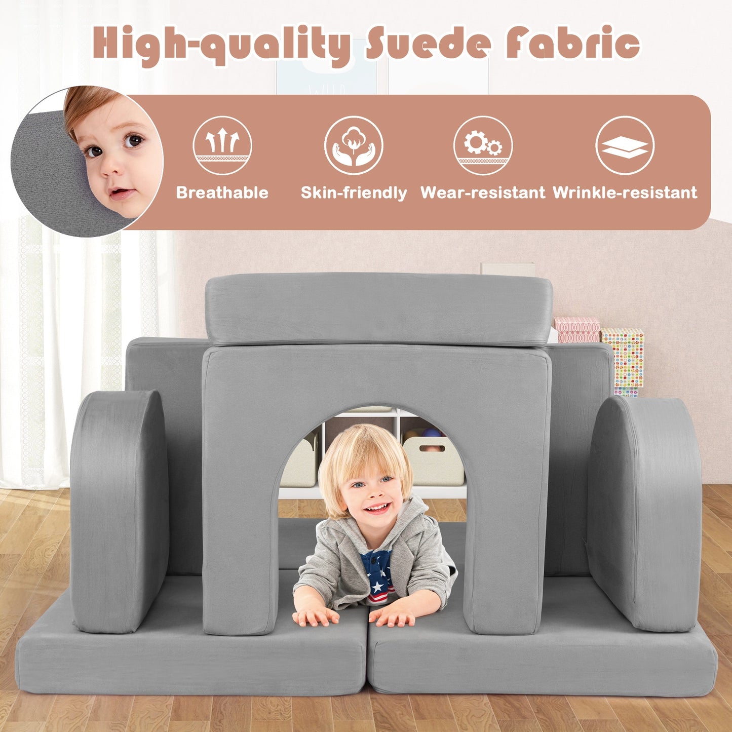 8-Piece Modular Kids Play Couch with Comfy Suede Fabric, Gray Kids Chairs & Seating at Gallery Canada