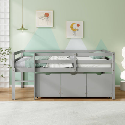 Twin Size Low Loft Bed with 3 Drawers with Ladder and Full-length Guardrails, Gray Trundle Bed Frame at Gallery Canada