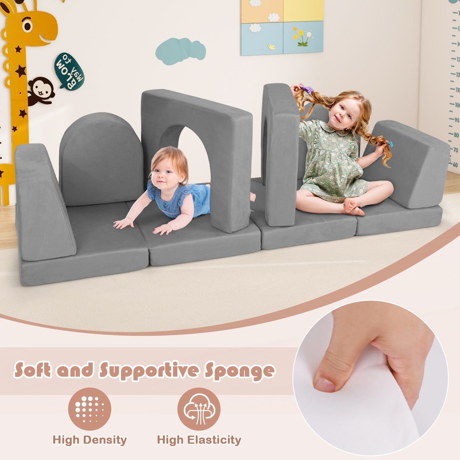 8-Piece Modular Kids Play Couch with Comfy Suede Fabric, Gray Kids Chairs & Seating at Gallery Canada