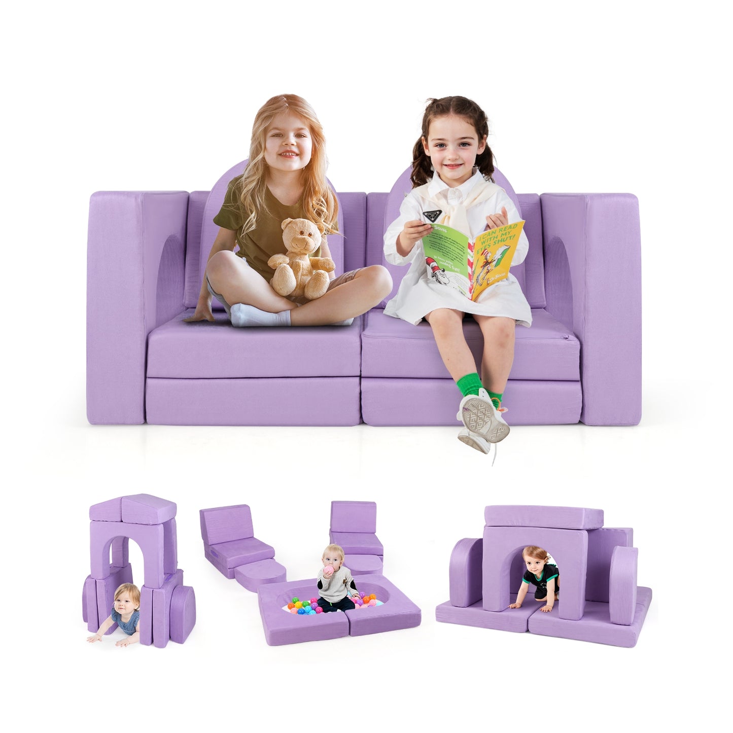 Canapé de jeu modulaire pour enfants, 8 pièces, tissu en suédine confortable, violet