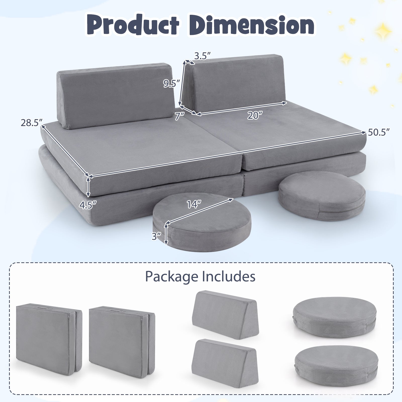 6 Pieces Modular Kids Play Couch Set with Washable Covers for Living Room Playroom, Gray Kids Chairs & Seating at Gallery Canada