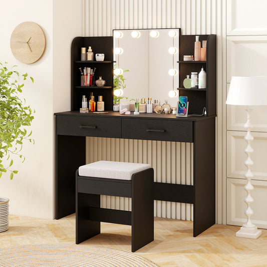 Vanity Set With Lighted Mirror, Stool, Power Outlet, Black Makeup Vanities Black at Gallery Canada