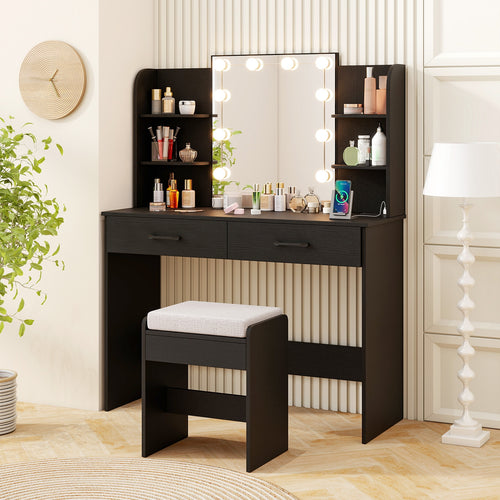 Vanity Set With Lighted Mirror, Stool, Power Outlet, Black