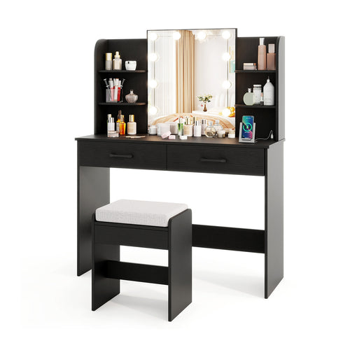 Vanity Set With Lighted Mirror, Stool, Power Outlet, Black