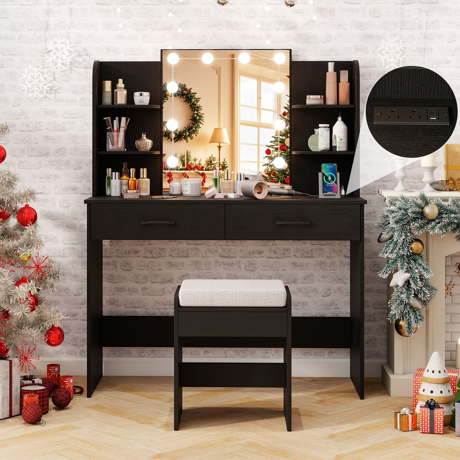 Vanity Set With Lighted Mirror, Stool, Power Outlet, Black Makeup Vanities at Gallery Canada