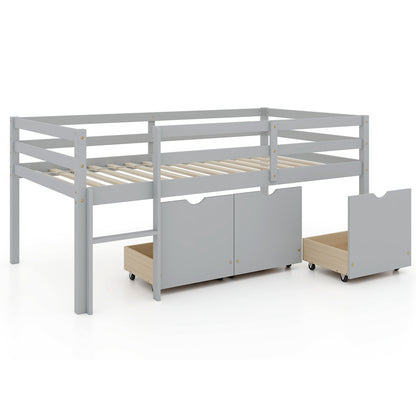 Twin Size Low Loft Bed with 3 Drawers with Ladder and Full-length Guardrails, Gray Trundle Bed Frame at Gallery Canada