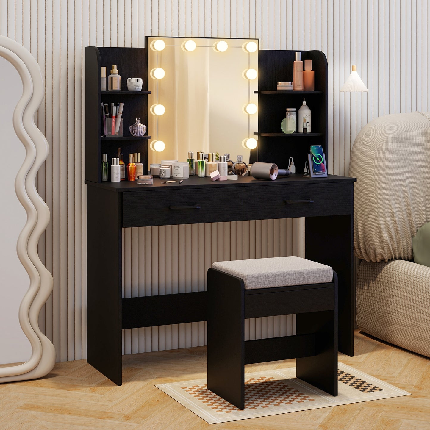 Vanity Set With Lighted Mirror, Stool, Power Outlet, Black Makeup Vanities at Gallery Canada