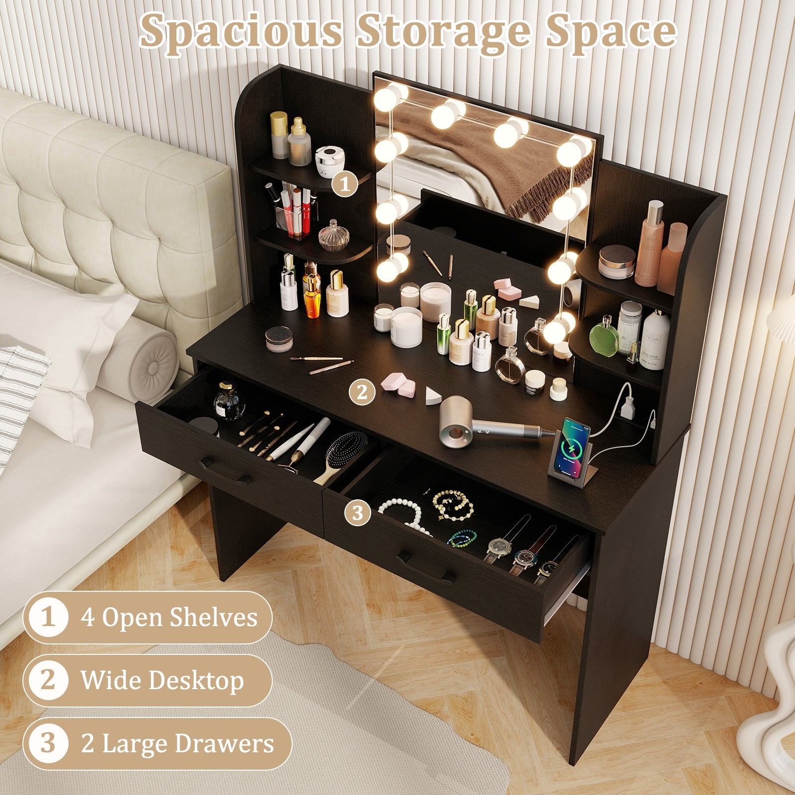 Vanity Set With Lighted Mirror, Stool, Power Outlet, Black Makeup Vanities at Gallery Canada