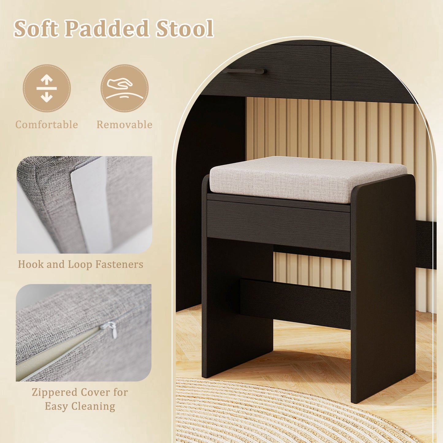 Vanity Set With Lighted Mirror, Stool, Power Outlet, Black Makeup Vanities at Gallery Canada