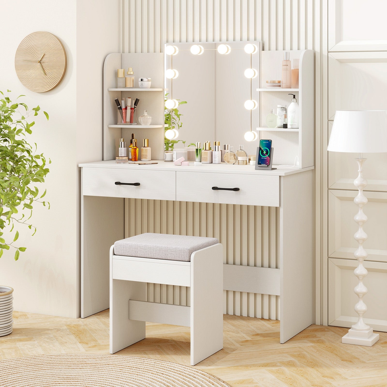Vanity Set With Lighted Mirror, Stool, Power Outlet, White Makeup Vanities at Gallery Canada