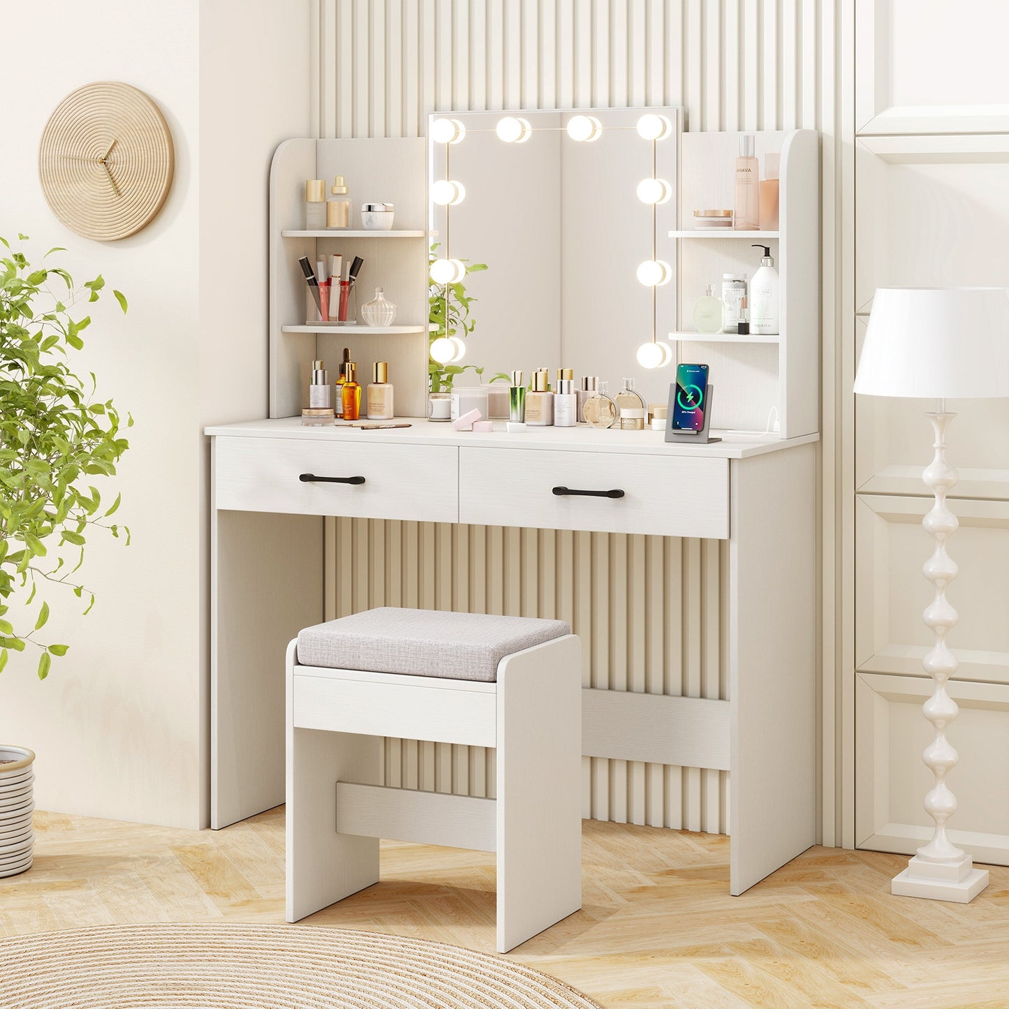 Vanity Set With Lighted Mirror, Stool, Power Outlet, White Makeup Vanities at Gallery Canada