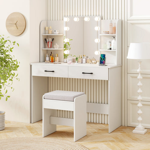 Vanity Set with Lighted Mirror and Stool with Power Outlet, White