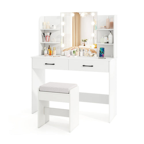 Vanity Set with Lighted Mirror and Stool with Power Outlet, White