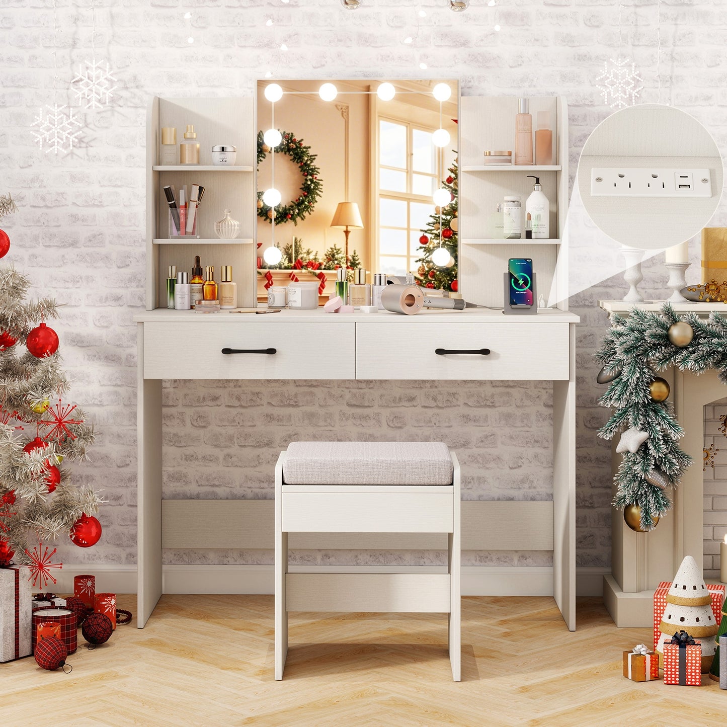 Vanity Set With Lighted Mirror, Stool, Power Outlet, White Makeup Vanities at Gallery Canada