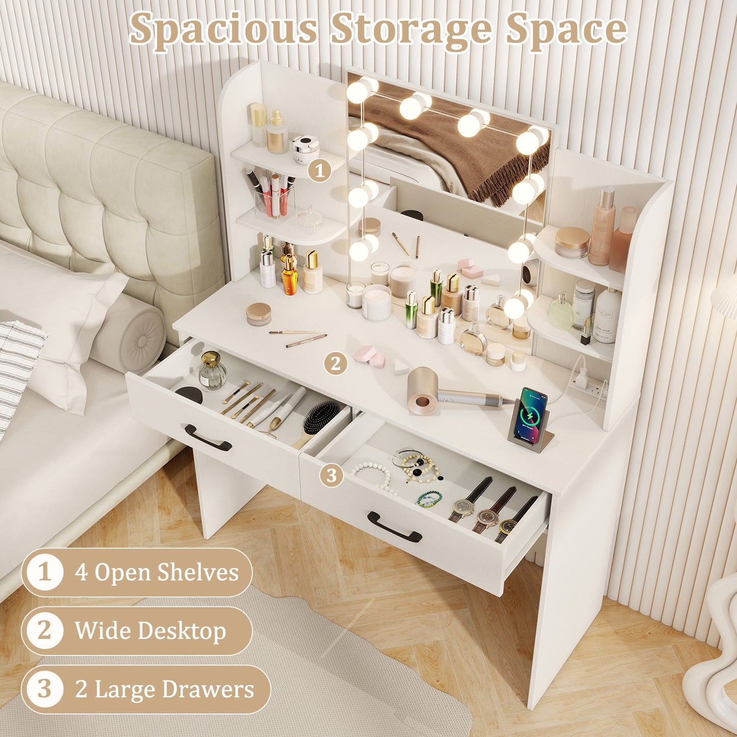 Vanity Set With Lighted Mirror, Stool, Power Outlet, White Makeup Vanities at Gallery Canada
