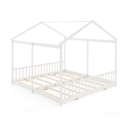 Double Floor Bed For Twins, With Safety Guardrails, White