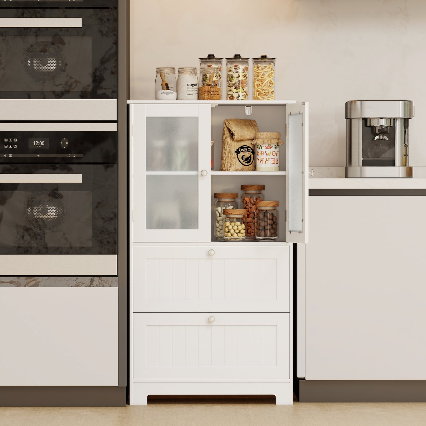Bathroom Floor Storage Cabinet Freestanding Cupboard Pantry with 2 Drawers and 2 Frosted Glass Doors, White Floor Cabinets at Gallery Canada