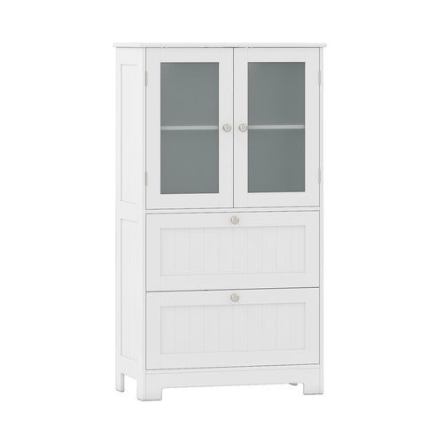 Bathroom Floor Storage Cabinet Freestanding Cupboard Pantry with 2 Drawers and 2 Frosted Glass Doors, White
