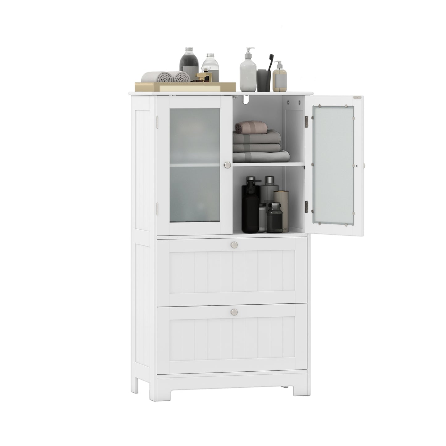 Bathroom Floor Storage Cabinet Freestanding Cupboard Pantry with 2 Drawers and 2 Frosted Glass Doors, White Floor Cabinets at Gallery Canada