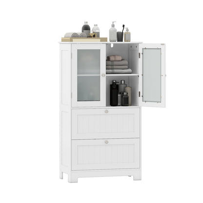 Bathroom Floor Storage Cabinet Freestanding Cupboard Pantry with 2 Drawers and 2 Frosted Glass Doors, White Floor Cabinets at Gallery Canada