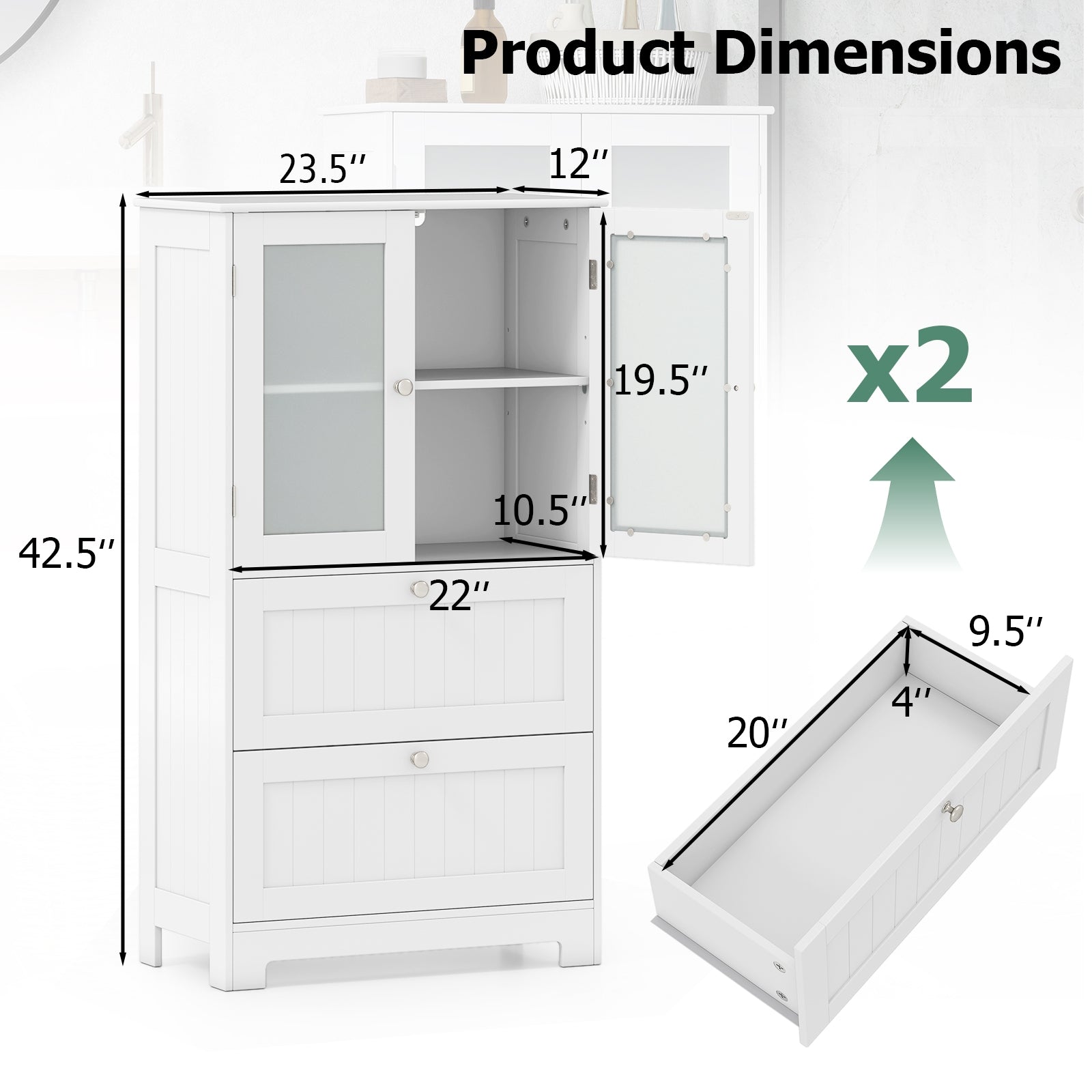 Bathroom Floor Storage Cabinet Freestanding Cupboard Pantry with 2 Drawers and 2 Frosted Glass Doors, White Floor Cabinets at Gallery Canada