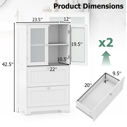 Bathroom Floor Storage Cabinet Freestanding Cupboard Pantry with 2 Drawers and 2 Frosted Glass Doors, White Floor Cabinets at Gallery Canada
