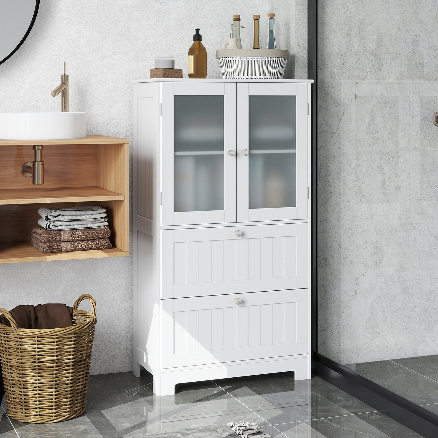 Bathroom Floor Storage Cabinet Freestanding Cupboard Pantry with 2 Drawers and 2 Frosted Glass Doors, White Floor Cabinets at Gallery Canada