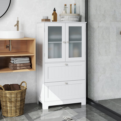 Bathroom Floor Storage Cabinet Freestanding Cupboard Pantry with 2 Drawers and 2 Frosted Glass Doors, White Floor Cabinets at Gallery Canada