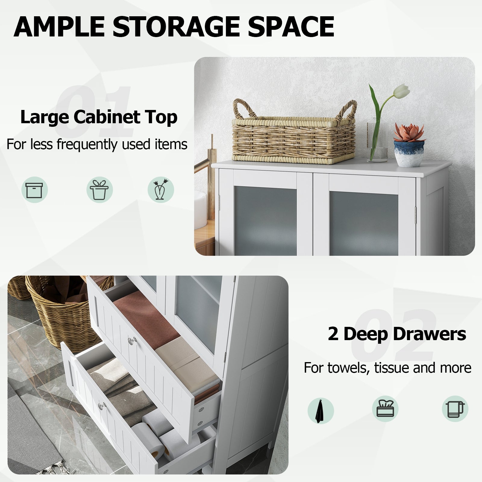 Bathroom Floor Storage Cabinet Freestanding Cupboard Pantry with 2 Drawers and 2 Frosted Glass Doors, White Floor Cabinets at Gallery Canada