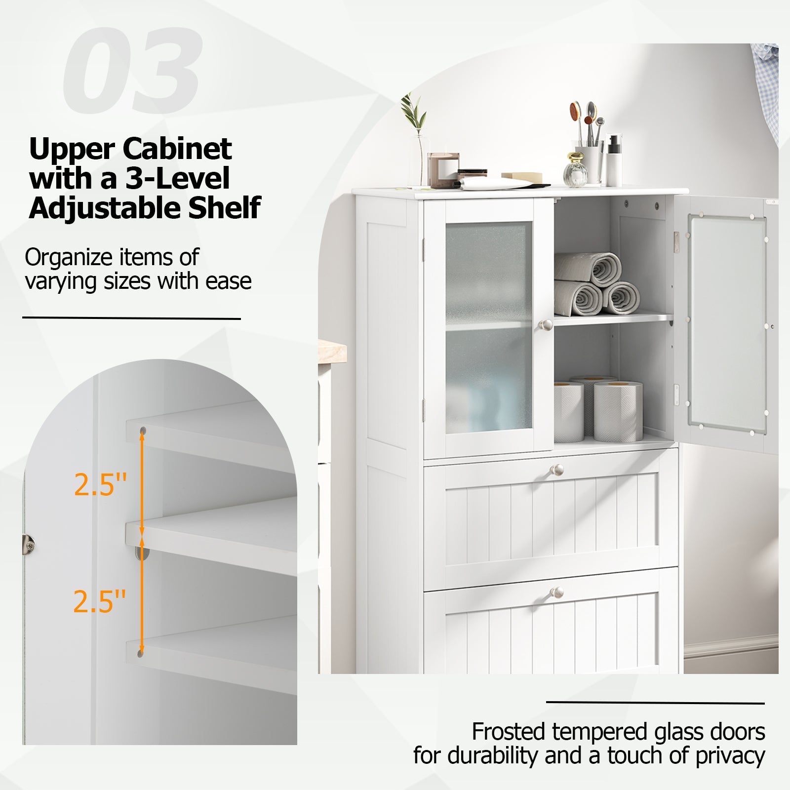 Bathroom Floor Storage Cabinet Freestanding Cupboard Pantry with 2 Drawers and 2 Frosted Glass Doors, White Floor Cabinets at Gallery Canada