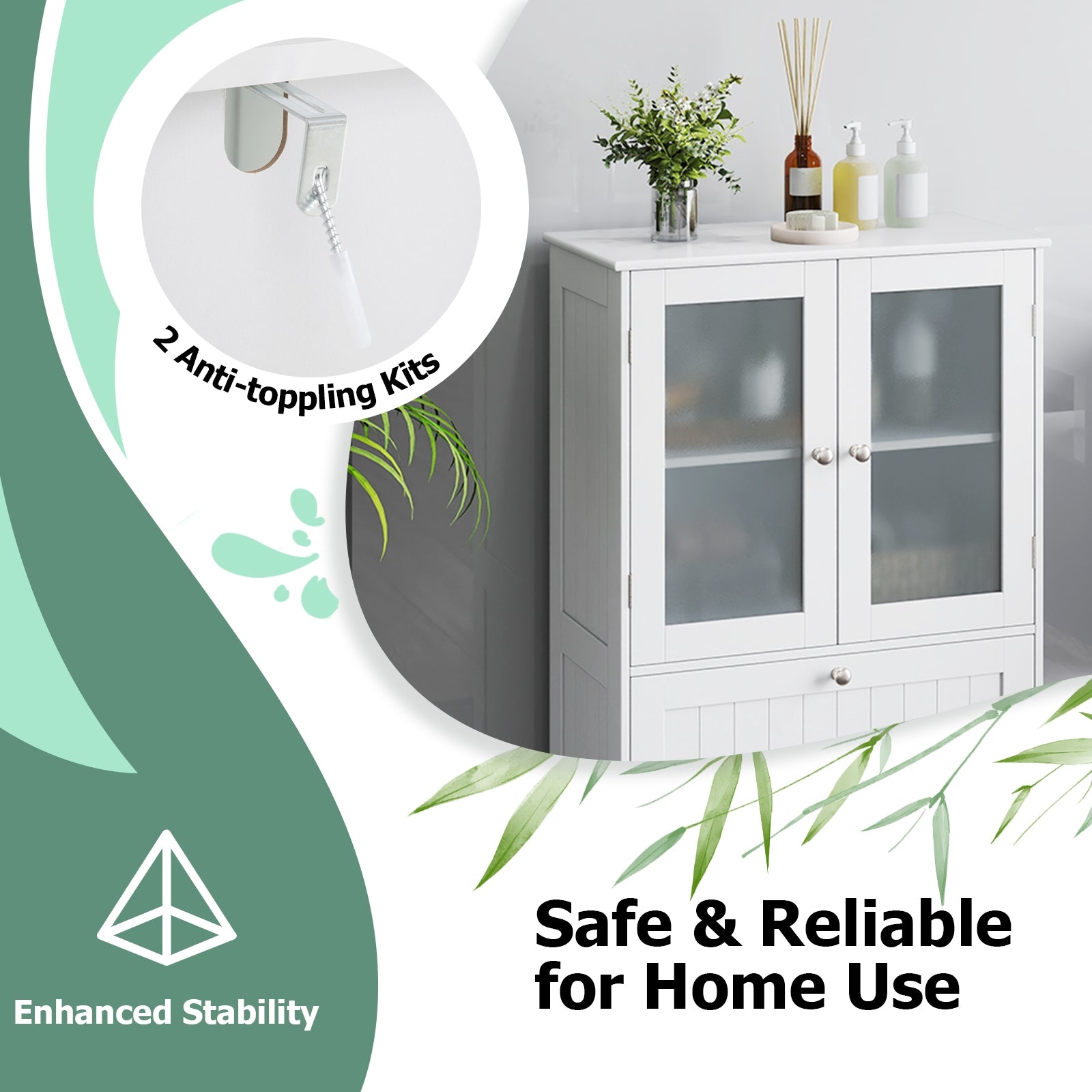 Bathroom Floor Storage Cabinet Freestanding Cupboard Pantry with 2 Drawers and 2 Frosted Glass Doors, White Floor Cabinets at Gallery Canada