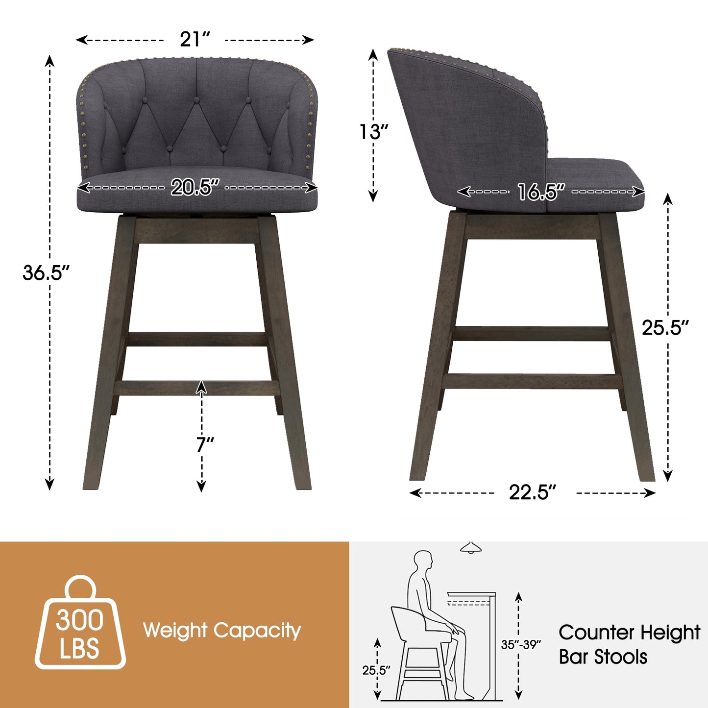 Counter Height Fabric Upholstered Bar Stools Set of 2, Gray Bar Stools at Gallery Canada