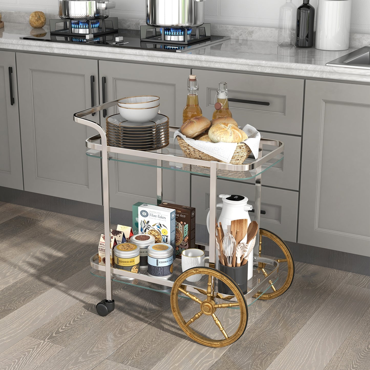 2-Tier Tempered Glass Bar Cart with 2 Large Aluminum Wheels and 2 Rolling Casters, Transparent Kitchen Islands & Carts at Gallery Canada