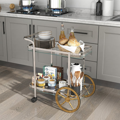 2-Tier Tempered Glass Bar Cart with 2 Large Aluminum Wheels and 2 Rolling Casters, Transparent Kitchen Islands & Carts at Gallery Canada