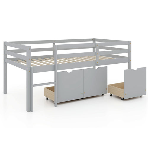 Twin Size Low Loft Bed With 3 Drawers, Ladder, Full Guardrails, Gray