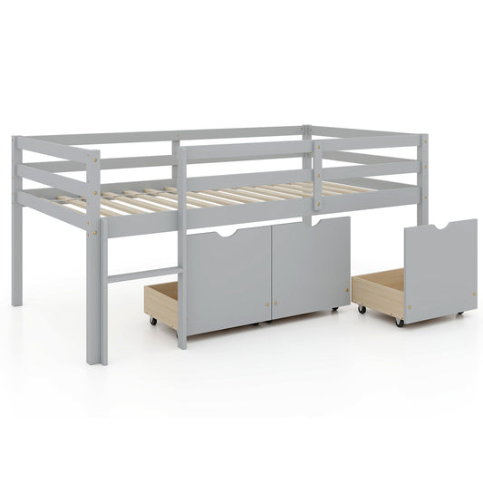 Twin Size Low Loft Bed with 3 Drawers with Ladder and Full-length Guardrails, Gray Trundle Bed Frame Gray at Gallery Canada