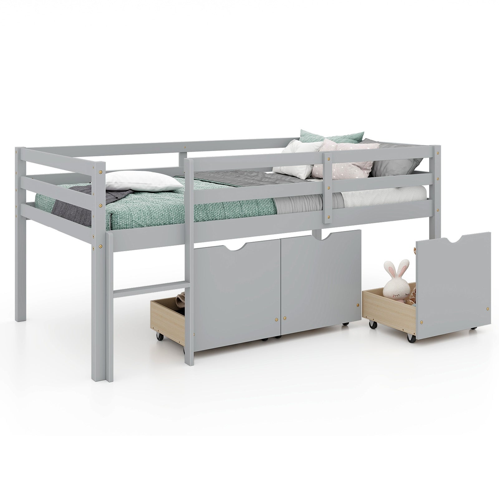 Twin Size Low Loft Bed with 3 Drawers with Ladder and Full-length Guardrails, Gray Trundle Bed Frame at Gallery Canada
