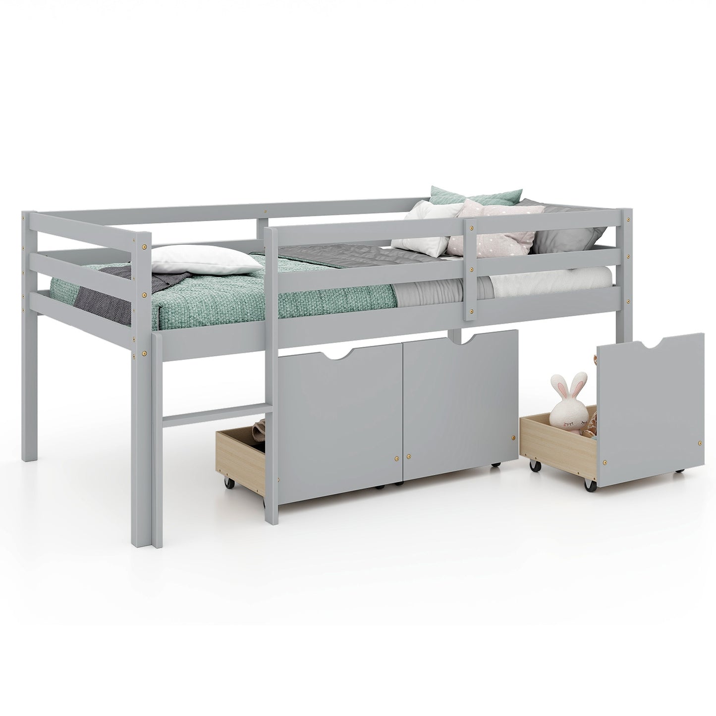Twin Size Low Loft Bed with 3 Drawers with Ladder and Full-length Guardrails, Gray Trundle Bed Frame at Gallery Canada