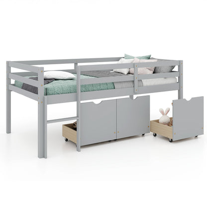 Twin Size Low Loft Bed with 3 Drawers with Ladder and Full-length Guardrails, Gray Trundle Bed Frame at Gallery Canada