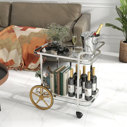 2-Tier Tempered Glass Bar Cart with 2 Large Aluminum Wheels and 2 Rolling Casters, Transparent Kitchen Islands & Carts at Gallery Canada